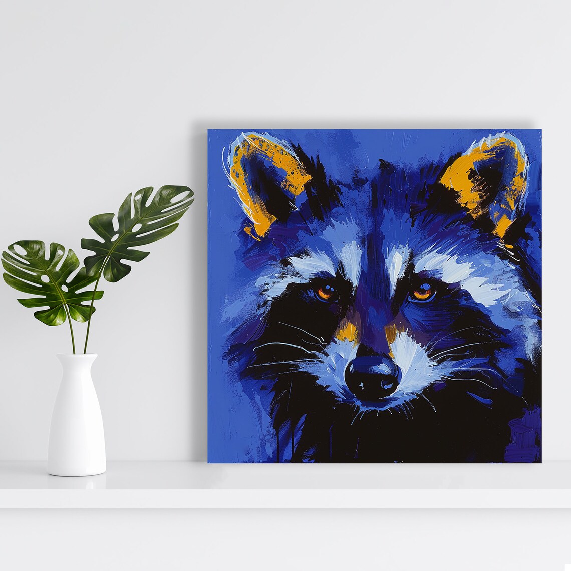 Electric Blue Raccoon Amber Eyes Intense Gaze Modern Pop Wall Art - Image 2