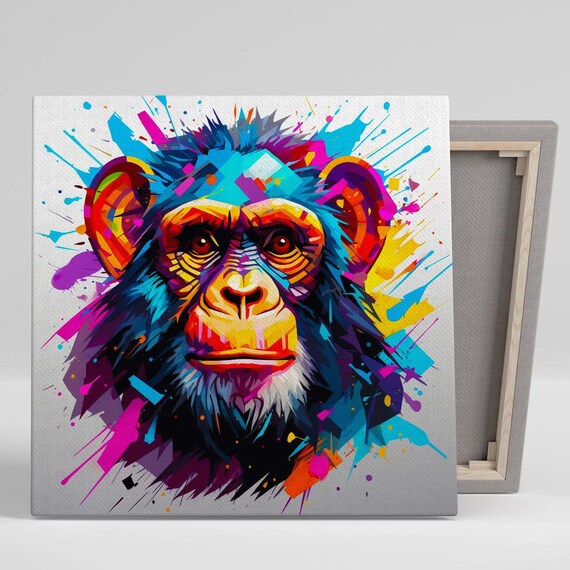 Chimpanzee Wall Art Or Poster Pop Art Eclectic Decor Living Office Childrens Game Room Wall Art Vibrant Blue Yellow Pink Orange