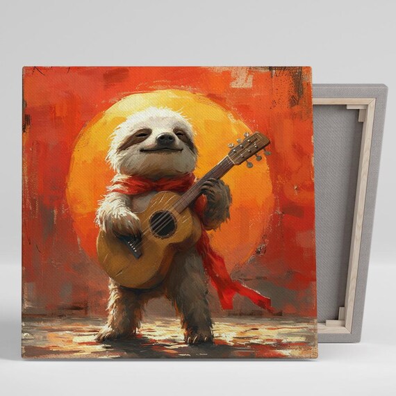 Sloth Playing Guitar Sunset Musician Red Scarf Whimsical Painting Wall Poster