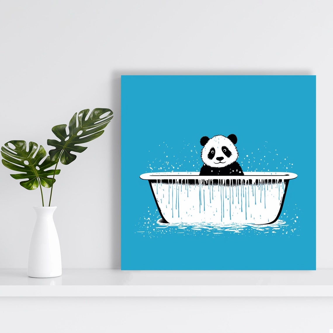 Panda Cub Bath Time Minimalist Turquoise Blue Wall Art Poster - Image 2