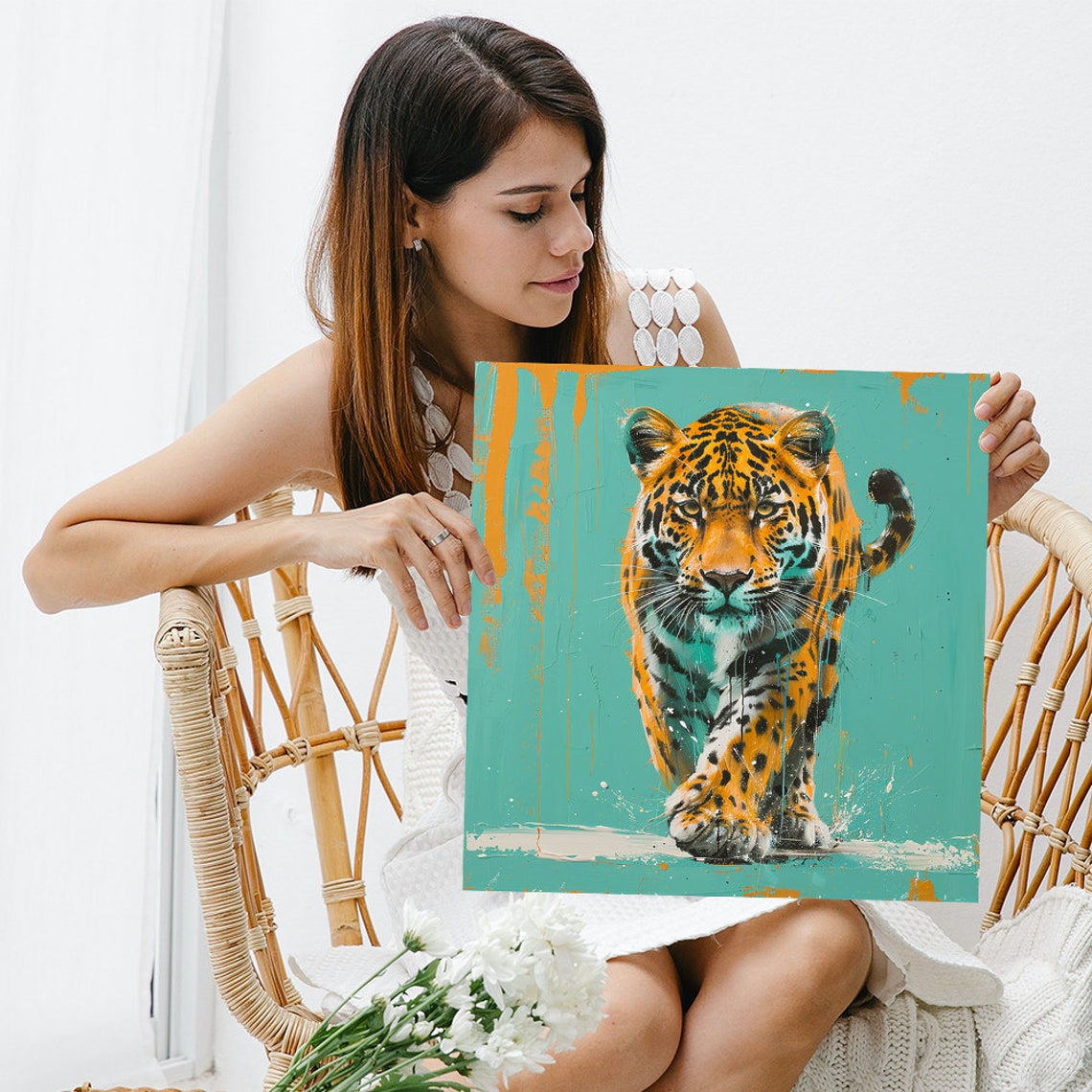 Spotted Wild Cat Walking Toward Viewer Turquoise Orange Poster - Image 3
