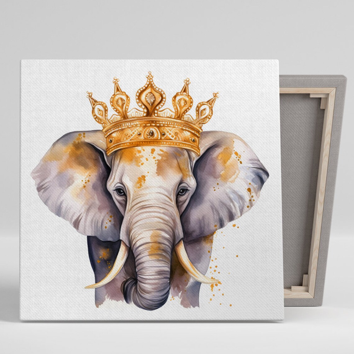 Royal Elephant Wearing Gold Crown Watercolor Portrait Glam Nursery Art Poster