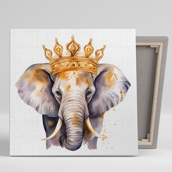 Royal Elephant Wearing Gold Crown Watercolor Portrait Glam Nursery Art Poster