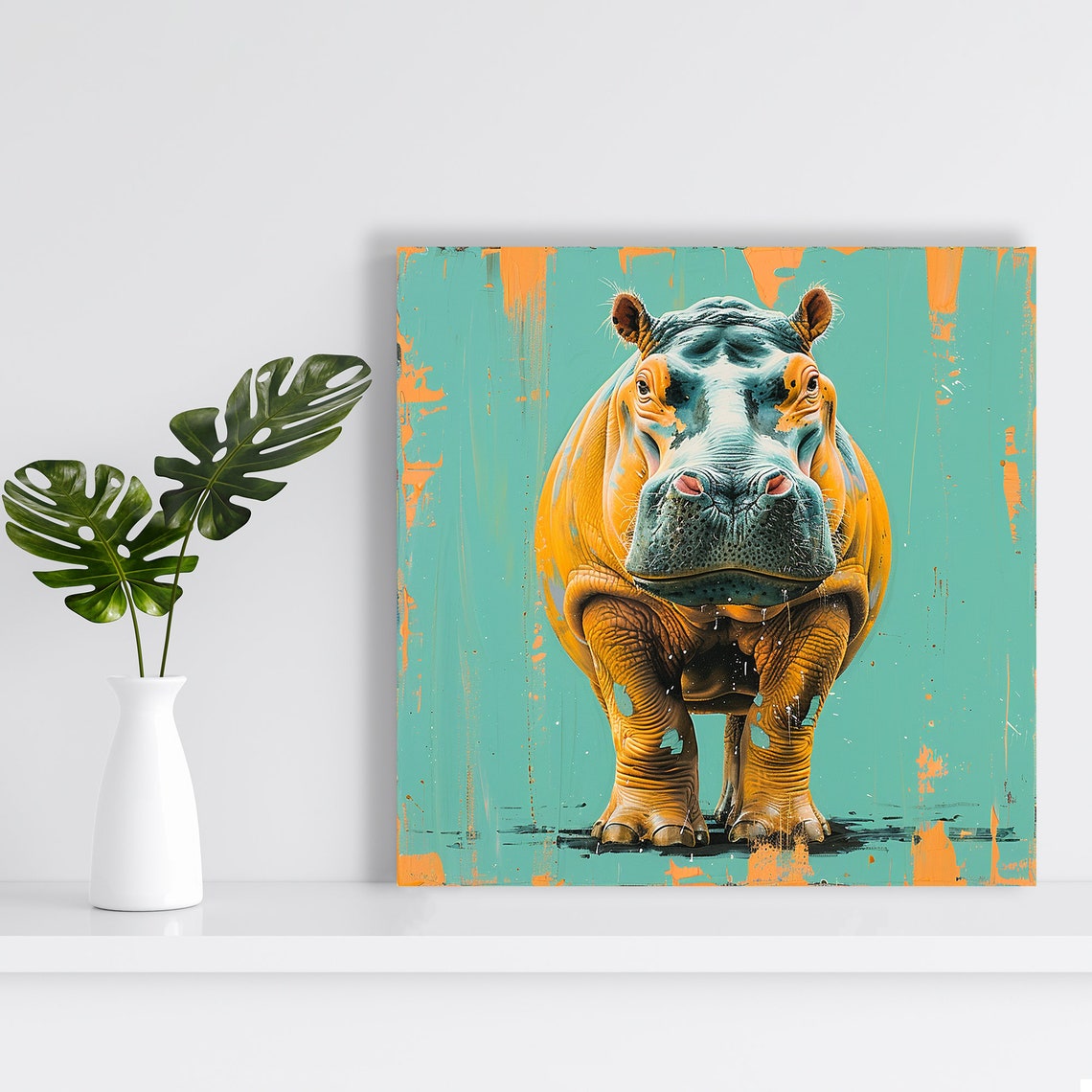 Orange Hippo Pop Art Bold Teal Splash Modern Animal Wall Poster - Image 2