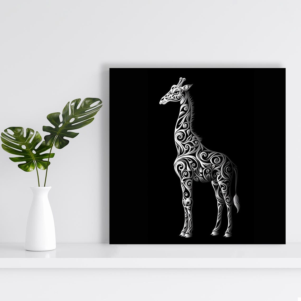 Ornate Tribal Giraffe Silhouette White On Black Modern Poster - Image 2