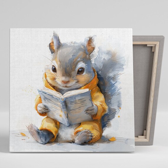 Cozy Squirrel In Pajamas Reading Book Watercolor Children Room Wall Poster