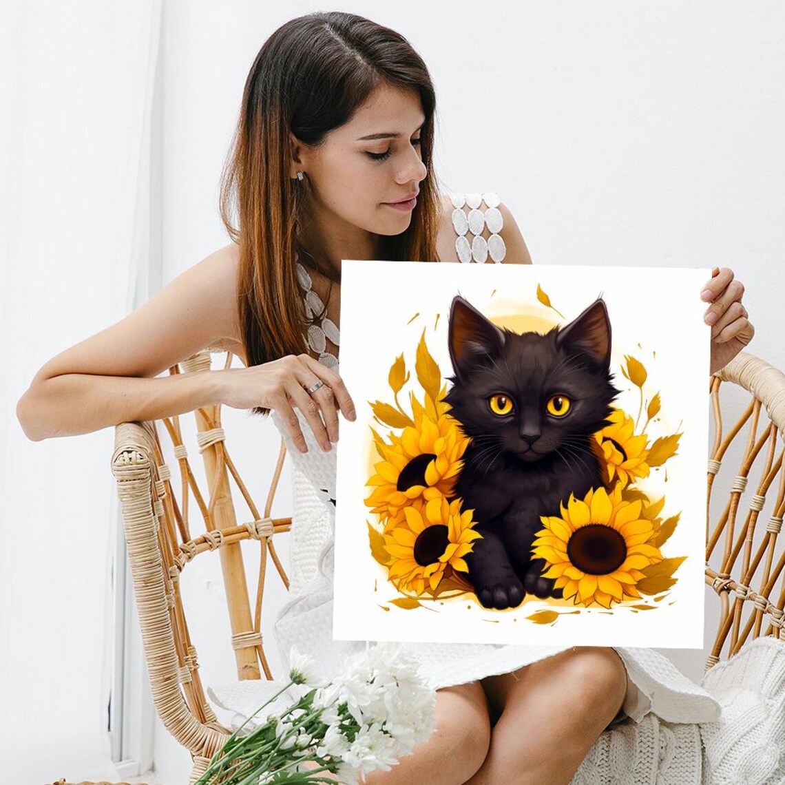 Black Kitten With Golden Eyes Surrounded By Bright Yellow Sunflowers Art - Image 3