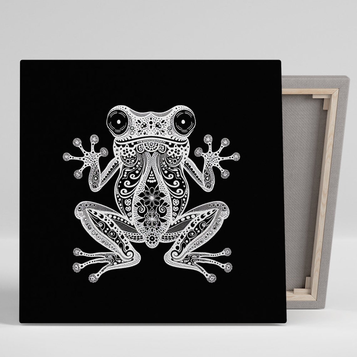 Frog Mandala White Ink Bohemian Zen Black Background Decor Poster
