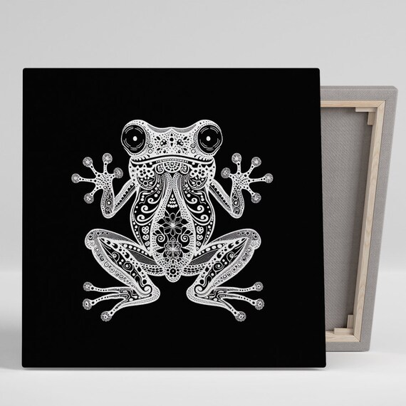 Frog Mandala White Ink Bohemian Zen Black Background Decor Poster