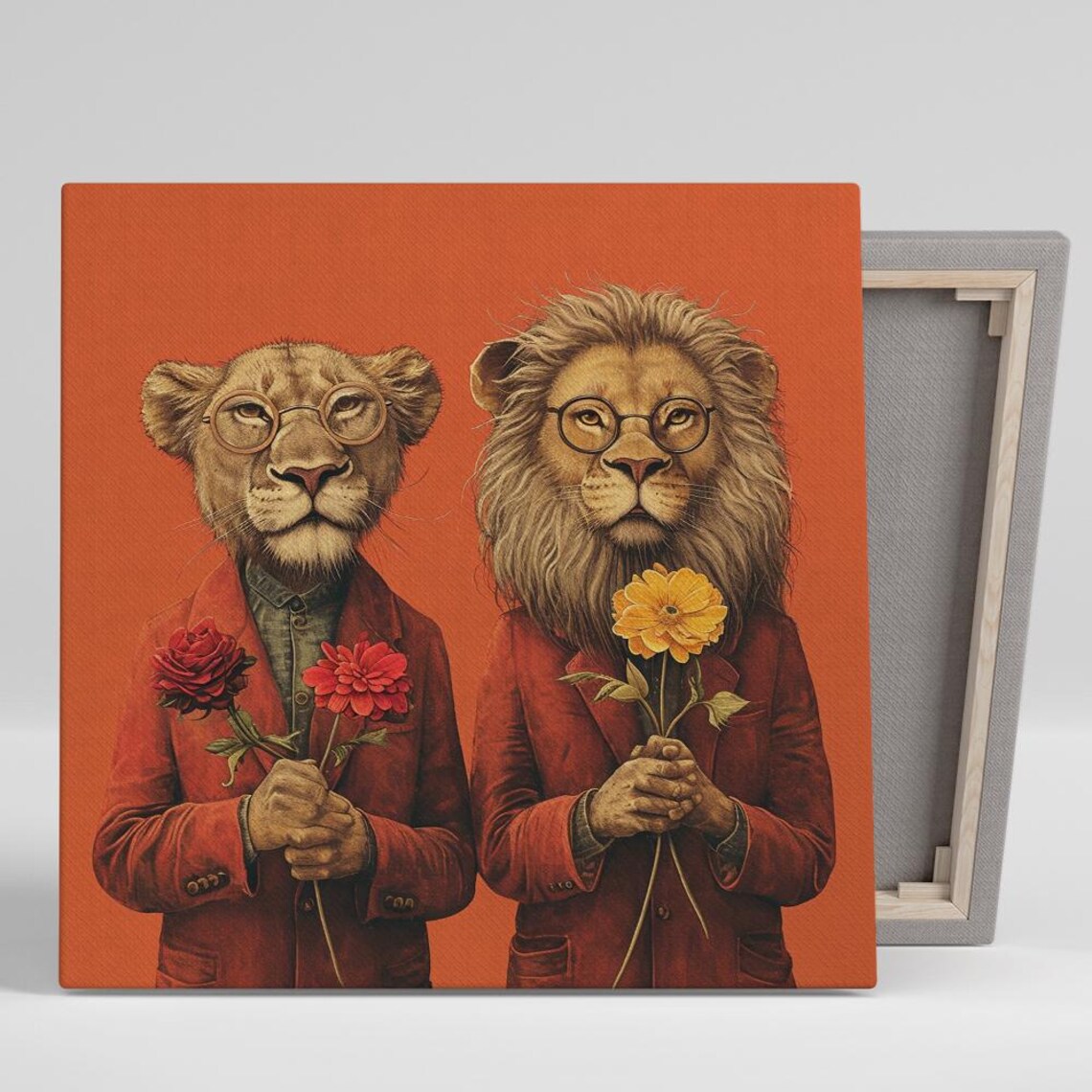 Scholarly Lions In Bloom, Whimsical Animal Art Print