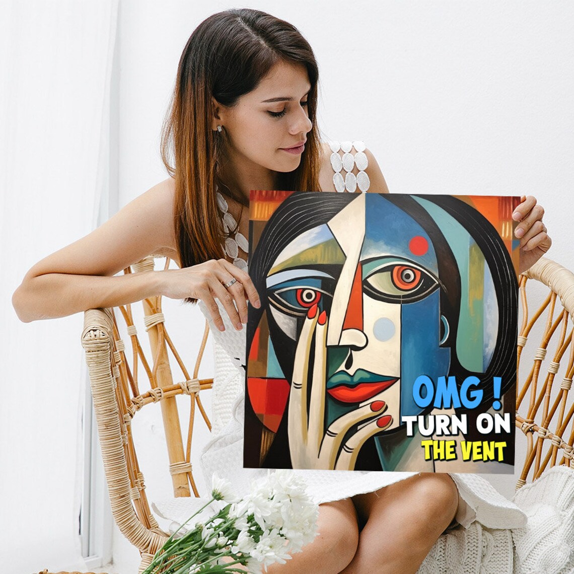 OMG Turn On The Vent Cubist Woman Funny Bathroom Humor Art Poster - Image 5