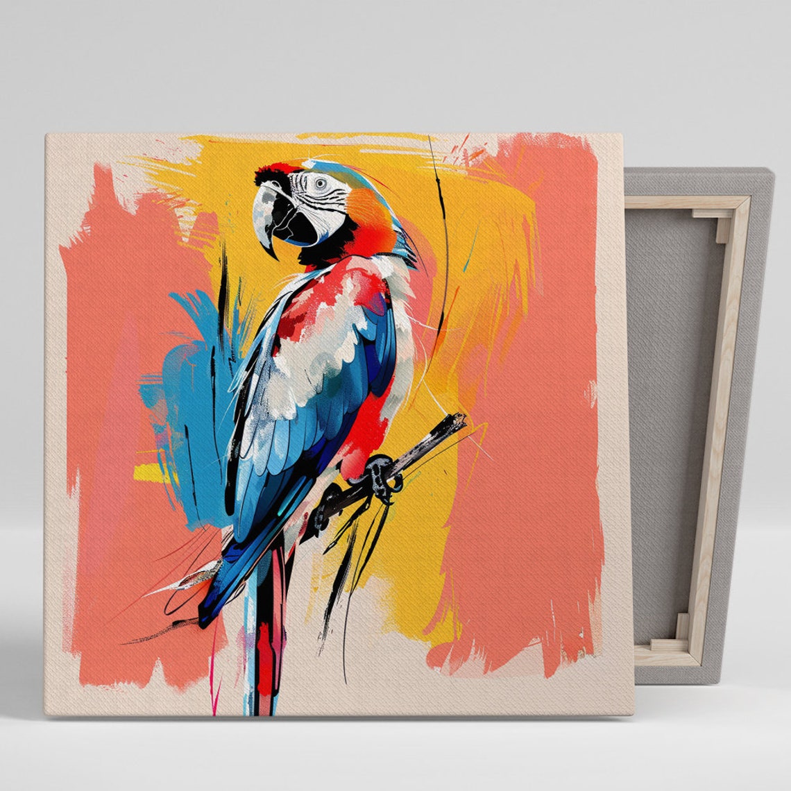 Vibrant Macaw Parrot On Branch Colorful Brush Stroke Art Poster