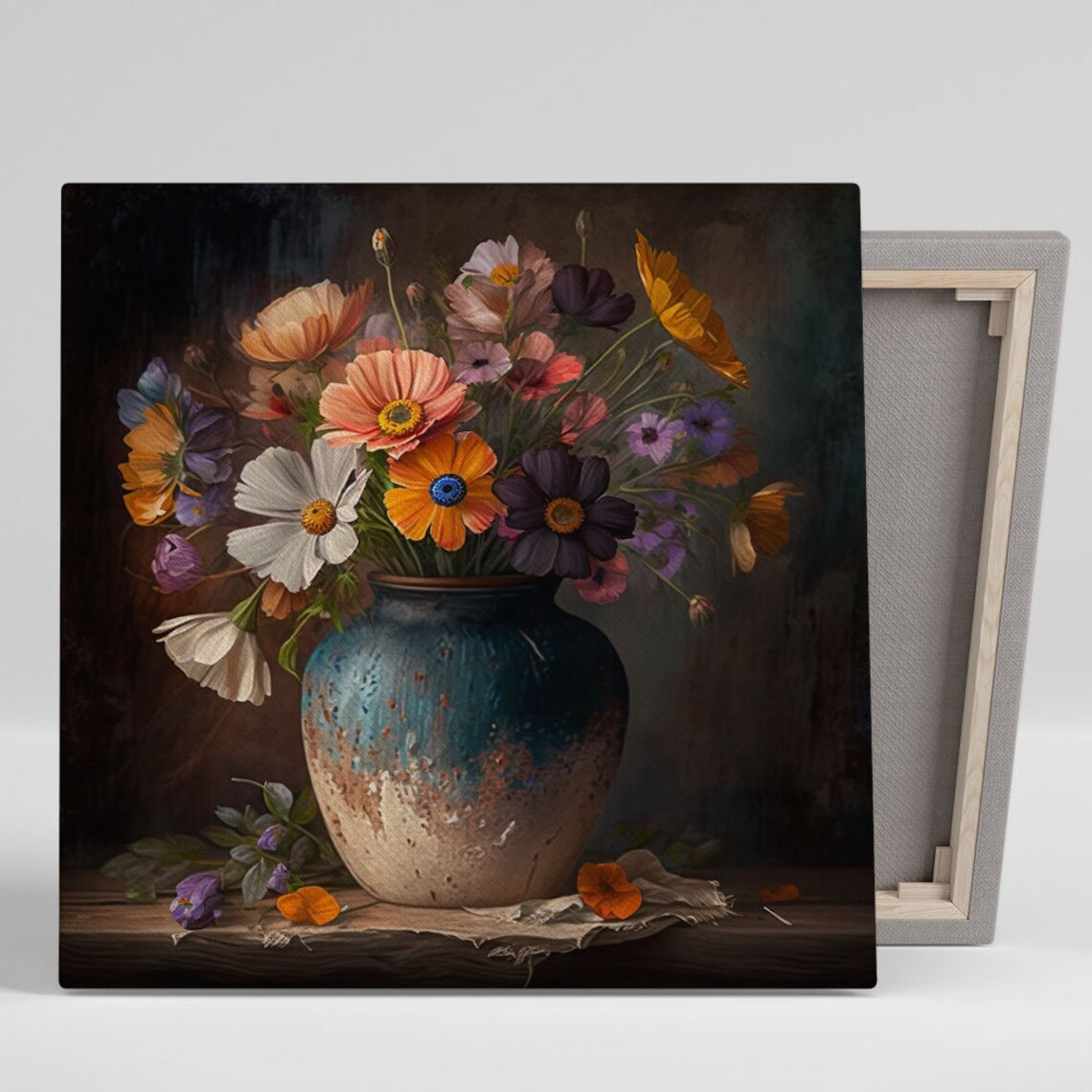 Peach Cosmos Poppy Bouquet Blue Ceramic Vase Dark Moody Floral Poster