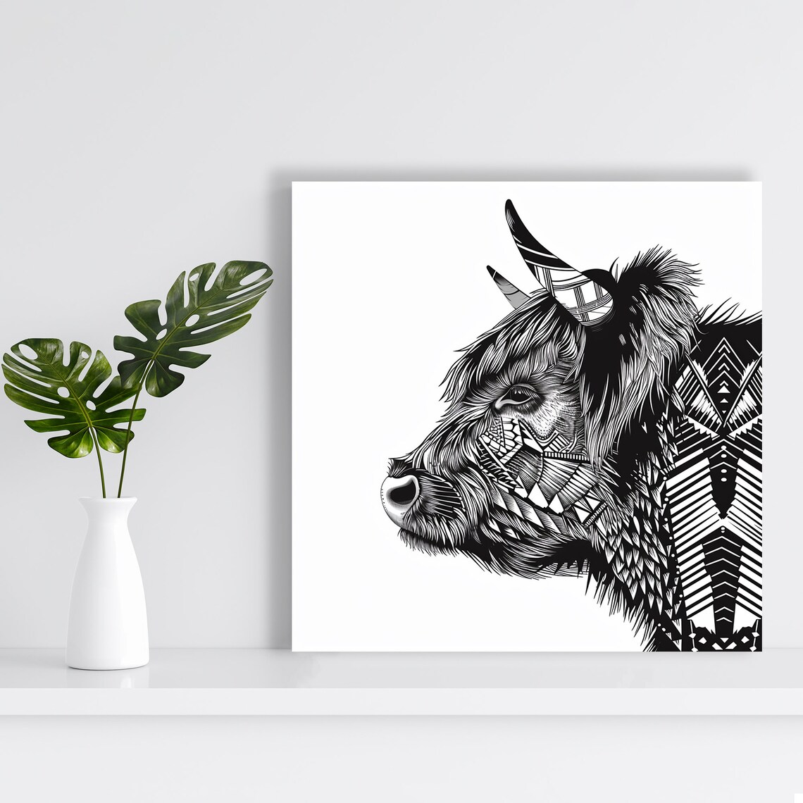 Highland Cow Geometric Line Art Black and White Tribal Poster - Image 2