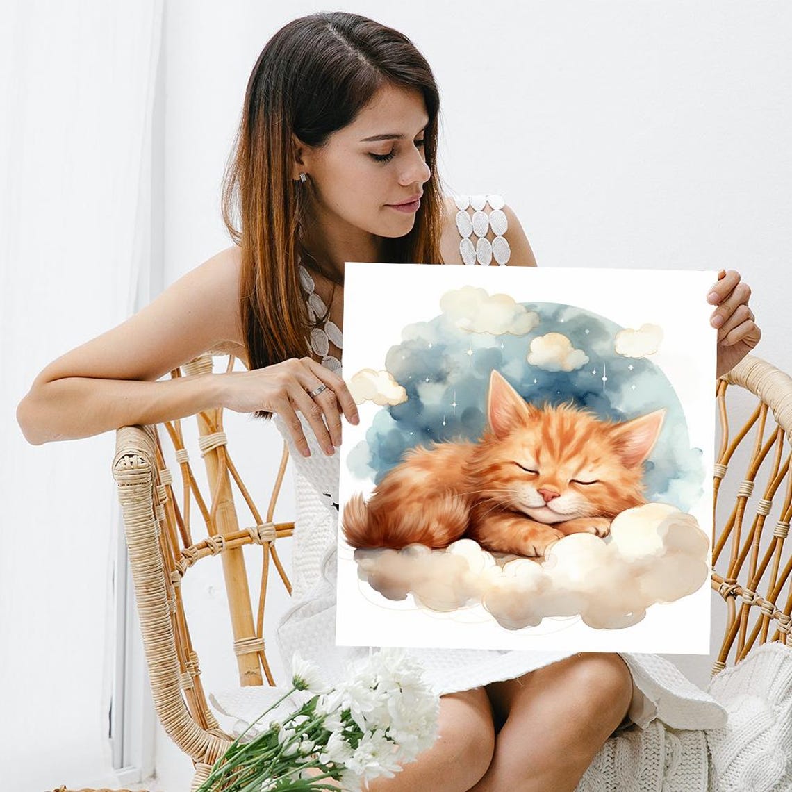 Sleeping Orange Kitten On Cloud Watercolor Dreamy Nursery Wall Art - Image 3