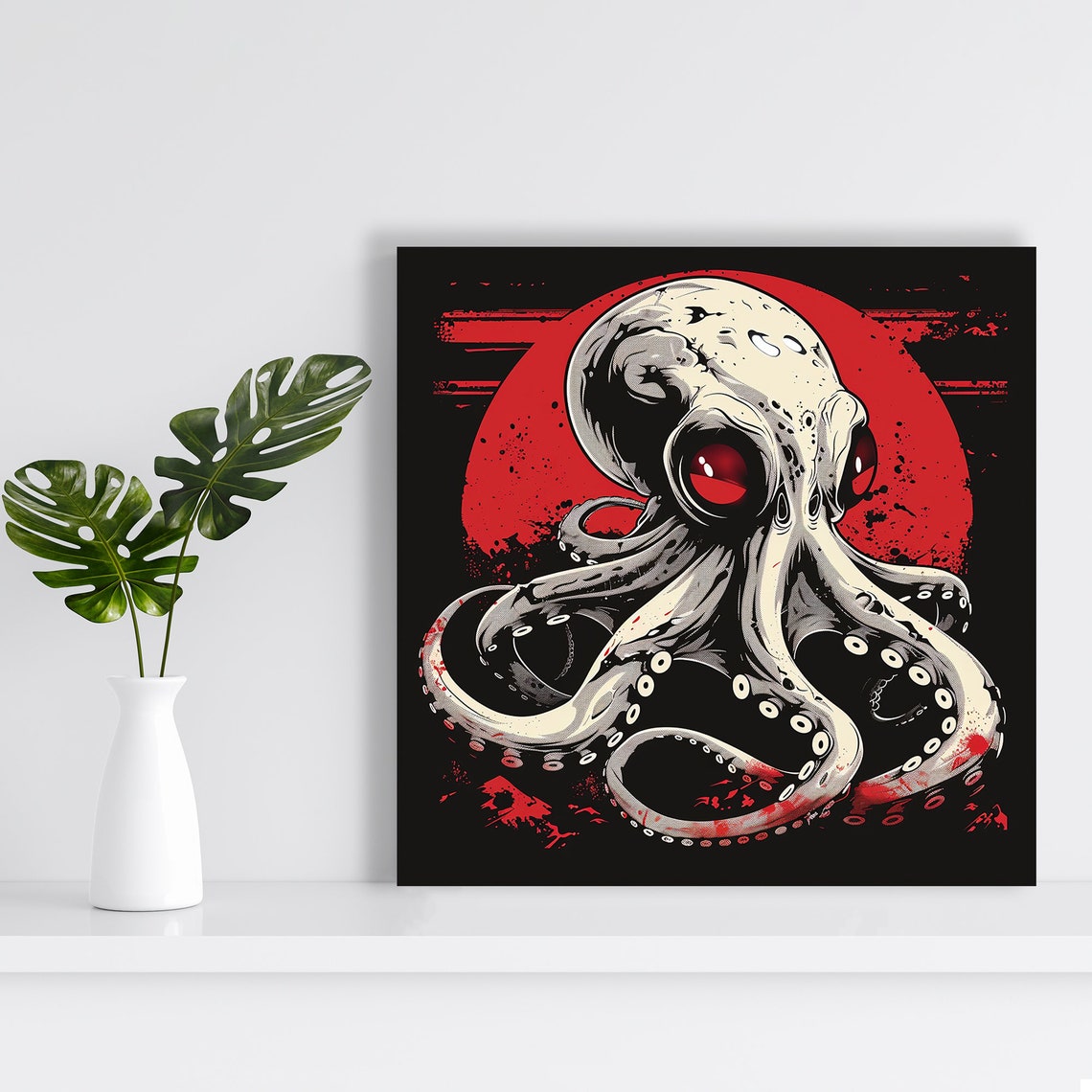 Octopus Red Sun Disc Black Background Bold Street Art Poster - Image 2