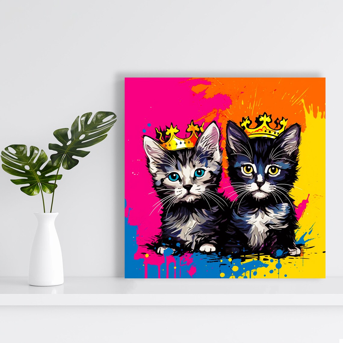 Royal Kittens With Crowns Pop Art Poster Neon Pink Graffiti Cat Wall Print - Image 2