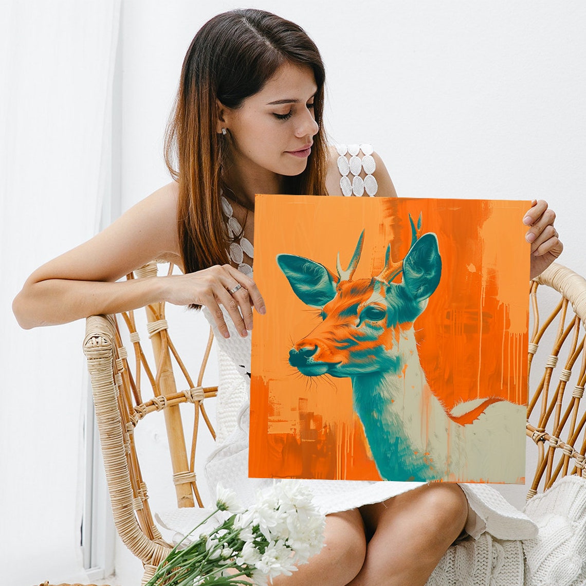 Orange Teal Duotone Deer Portrait Pop Art Vibrant Modern Animal Poster - Image 3