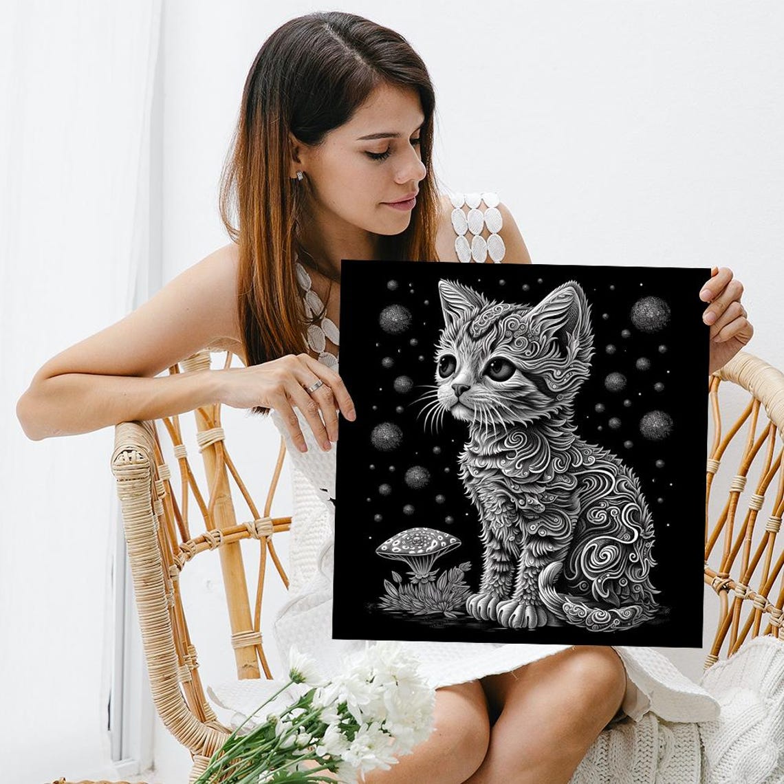 Cosmic Kitten Zentangle Art Black White Swirl Pattern Wall Poster - Image 3
