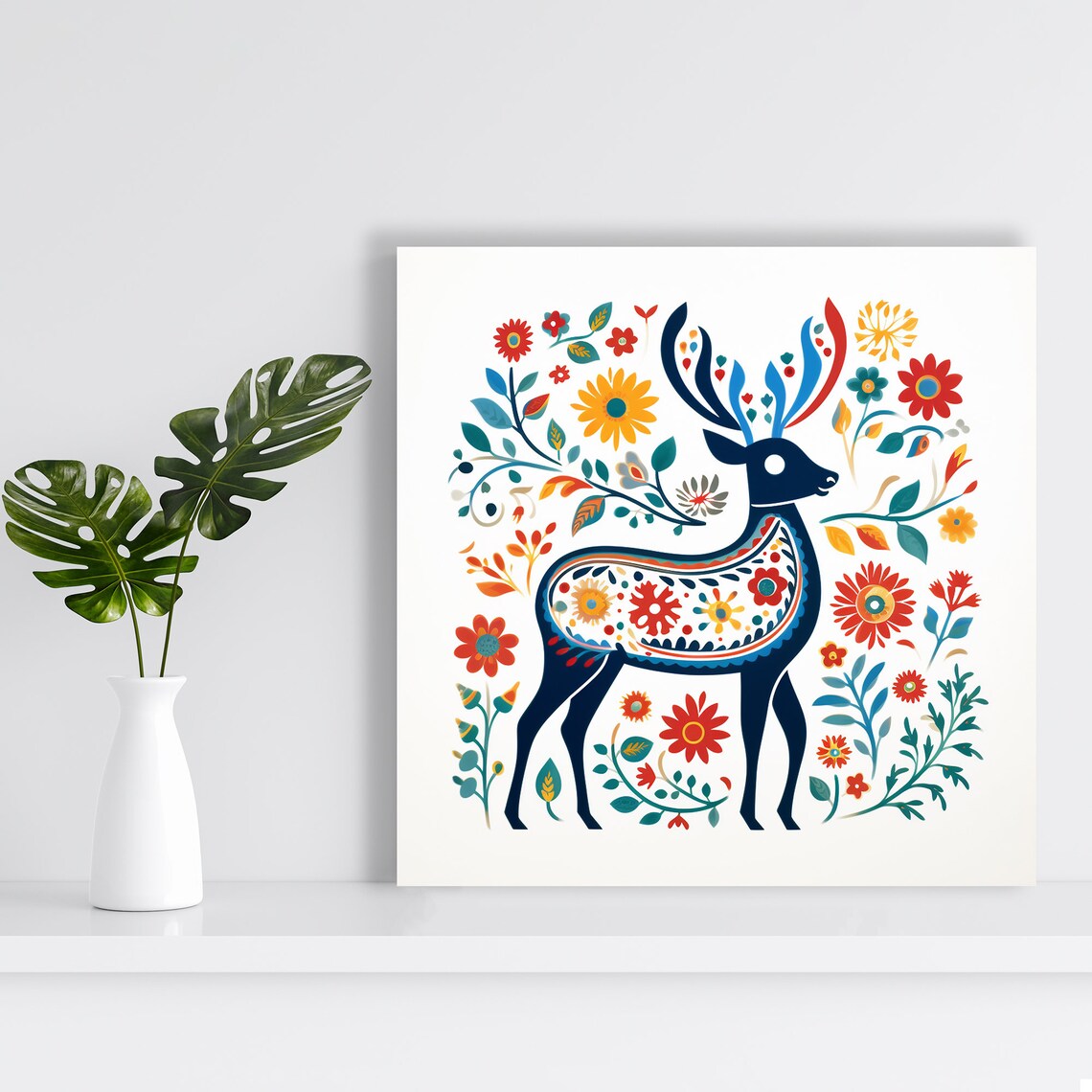 Scandinavian Folk Art Deer With Patterned Body Red Orange Flowers Poster - Image 2