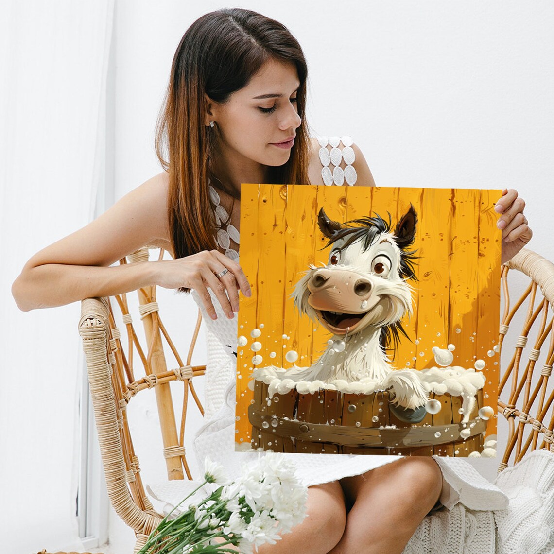 Happy Pony Splashing in Wooden Bubble Bath Tub Farmhouse Poster - Image 3