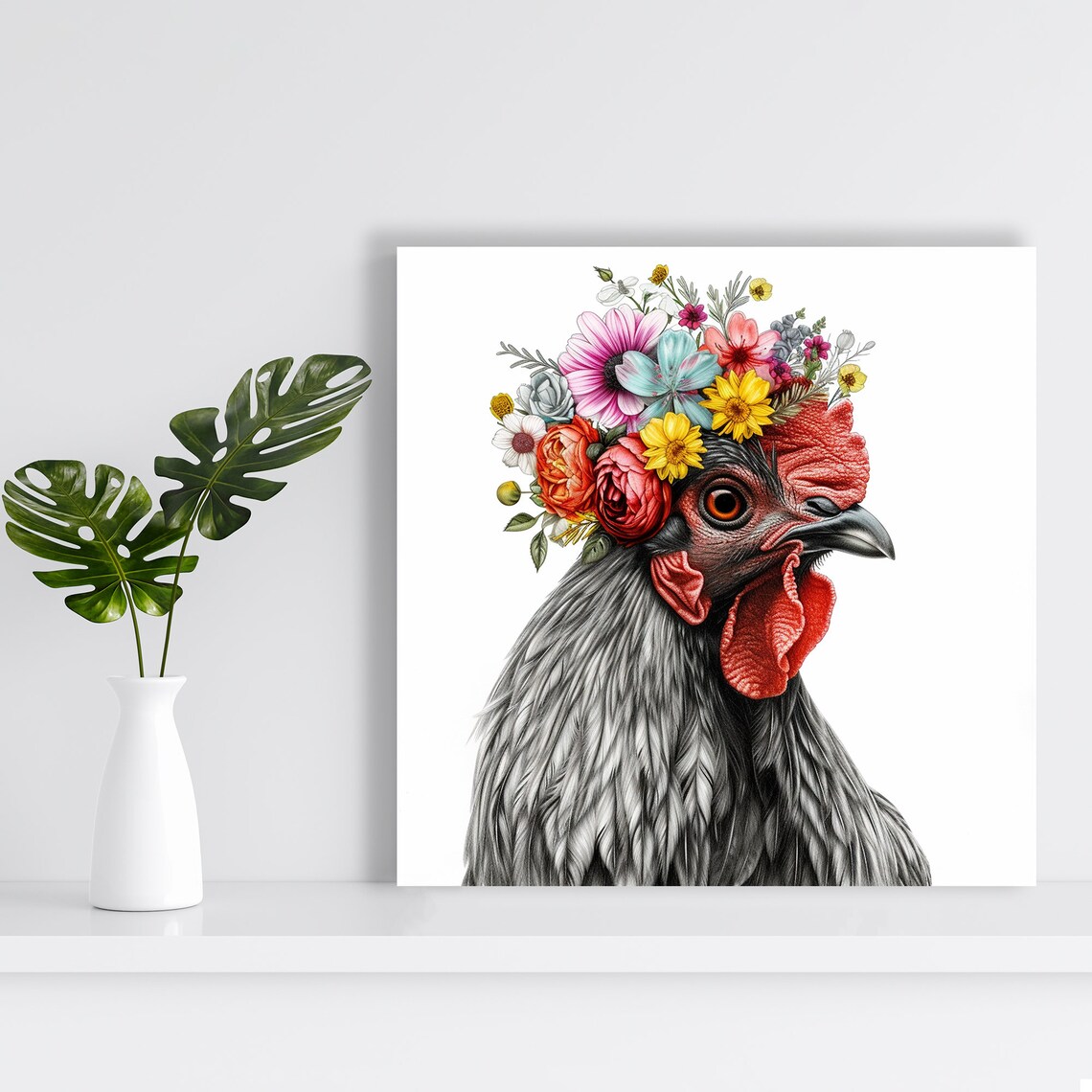 Floral Rooster Elegance, Boho Farmhouse Wall Art Print - Image 2
