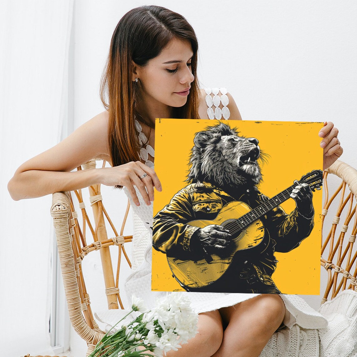 Lion Rock Star Singing Guitar Vintage Black Gold Music Poster - Image 3