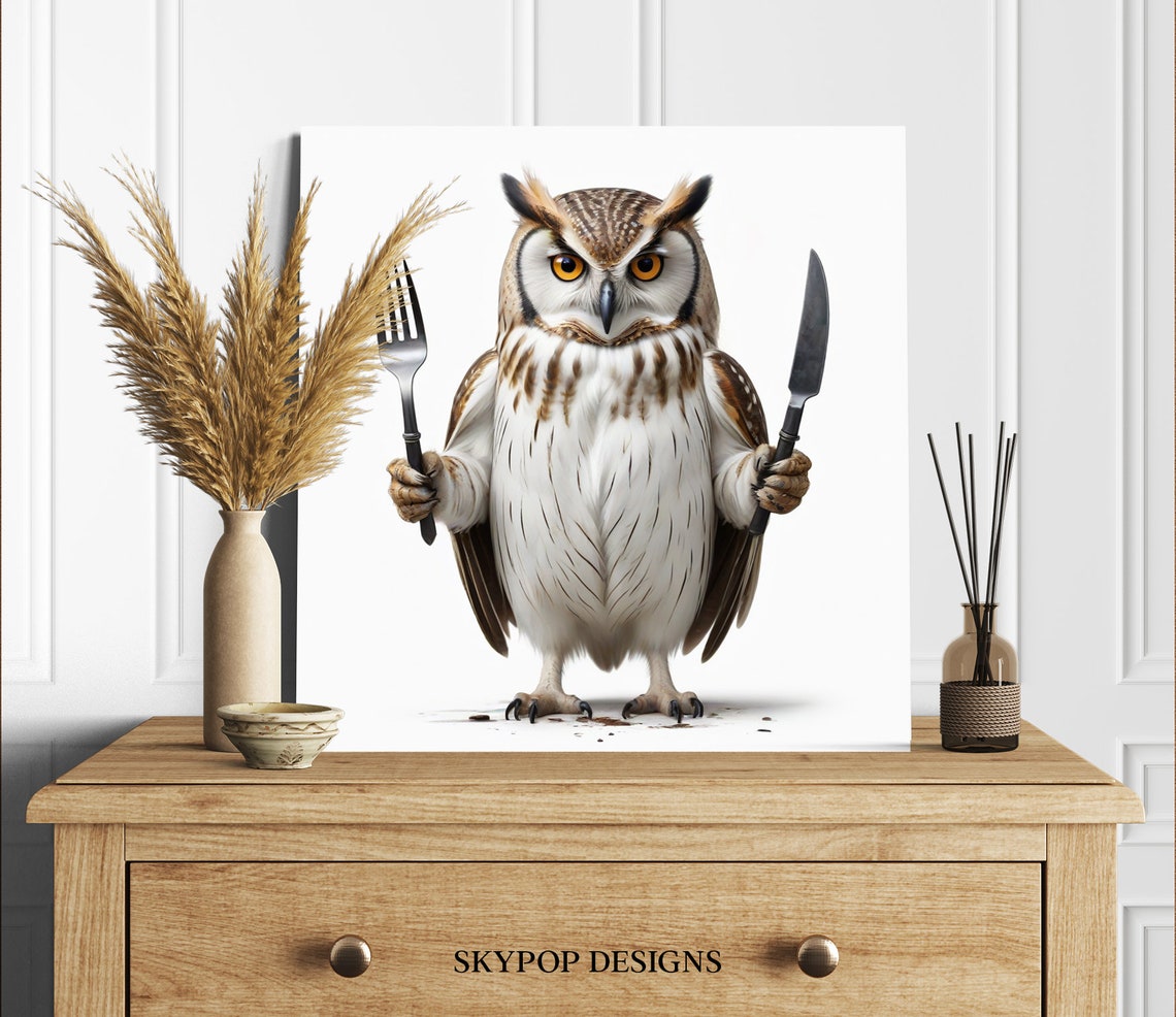 Owl Holding Fork And Knife Ready To Eat Funny Kitchen Wall Art - Image 2