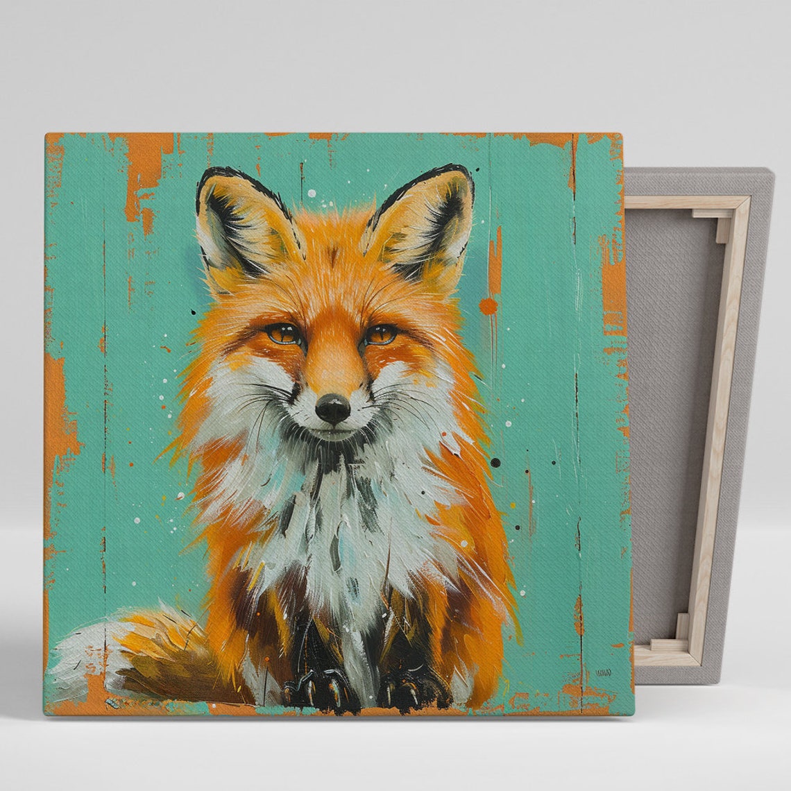 Red Fox Portrait Teal Rustic Background Painterly Wildlife Wall Art