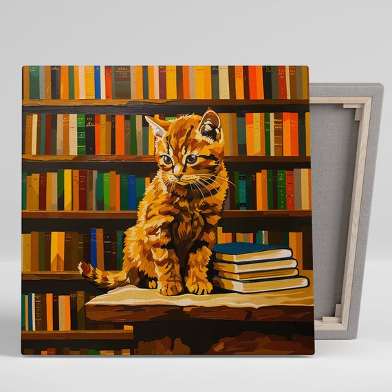 Bookworm Kitty Art Or Poster Whimsical Animal Contemporary Decor Childrens Room Library Living Room Office Wall Art Kitty Decor
