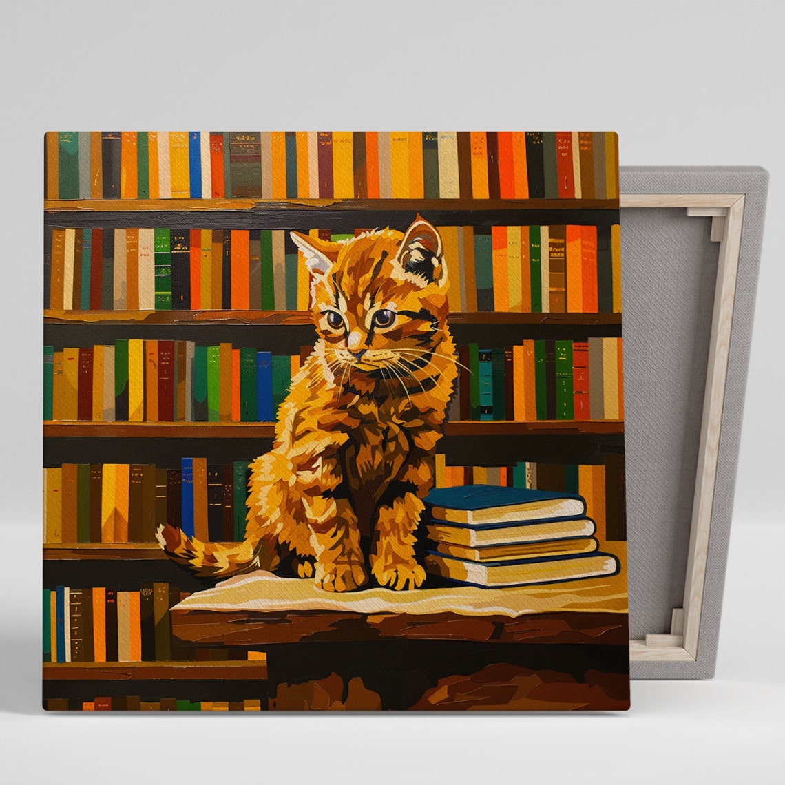 Adorable Orange Kitten Library Bookshelf Reading Scene Wall Art