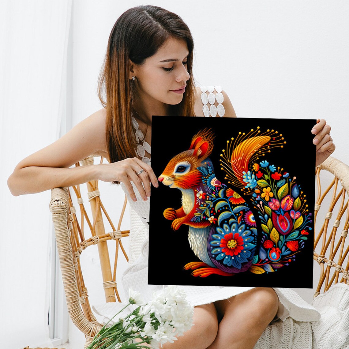 Floral Folk Art Squirrel Colorful Black Background Wall Art Poster - Image 3