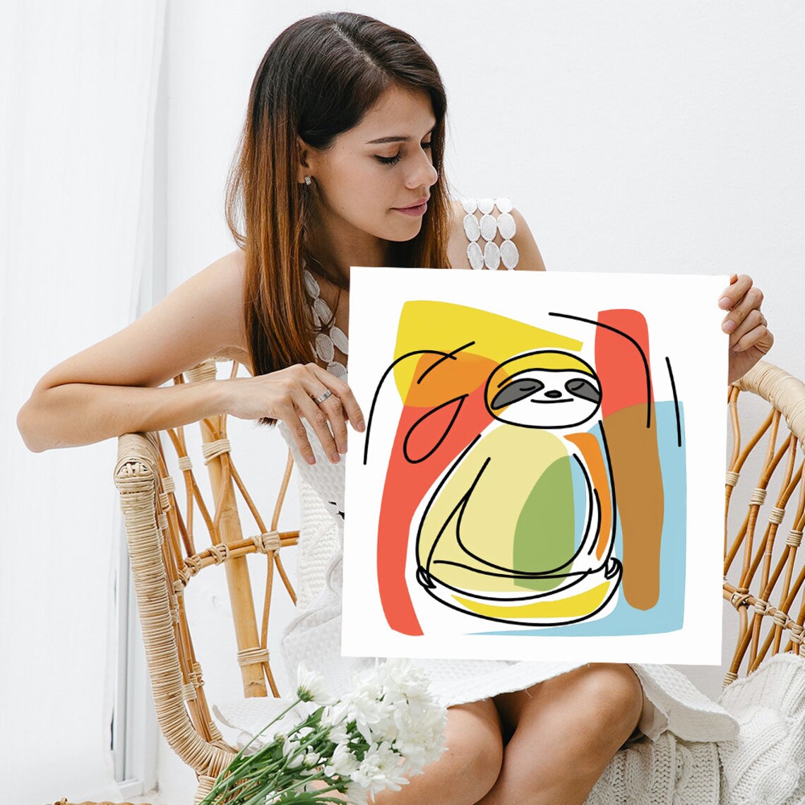 Sleepy Sloth Line Art Poster Colorful Abstract Blocks Modern Nursery Wall Decor - Image 3