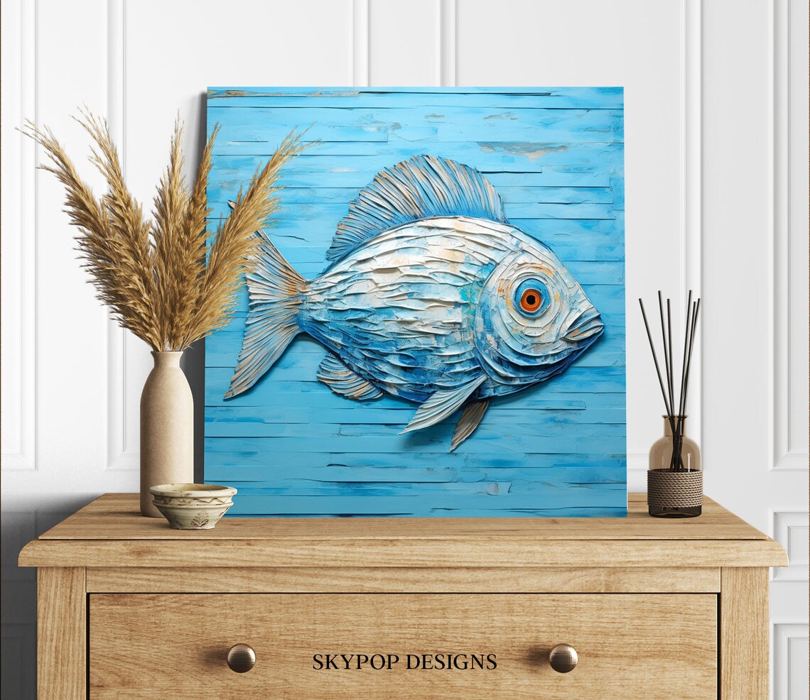 Blue And White Fish Paper Art Coastal Textured Ocean Wall Art Poster - Image 2