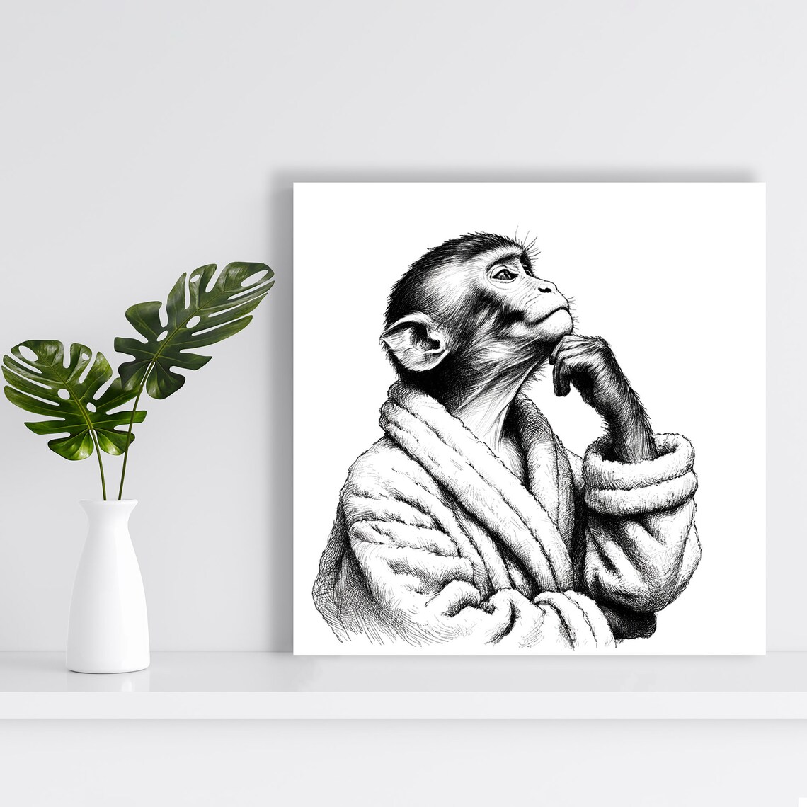 Thoughtful Monkey In Bathrobe Resting Chin On Hand Black And White Art Poster - Image 2