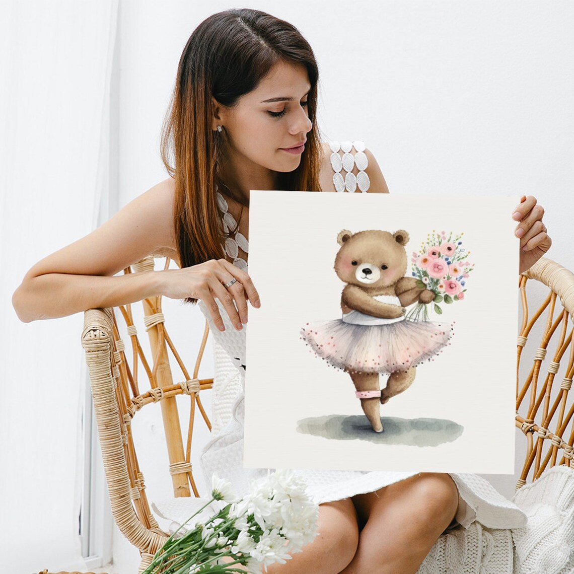 Ballerina Teddy Bear in Pink Tutu With Flowers Nursery Watercolor Poster - Image 3