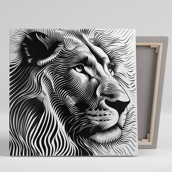Majestic Lion Lines, Minimalist Black White Art Print