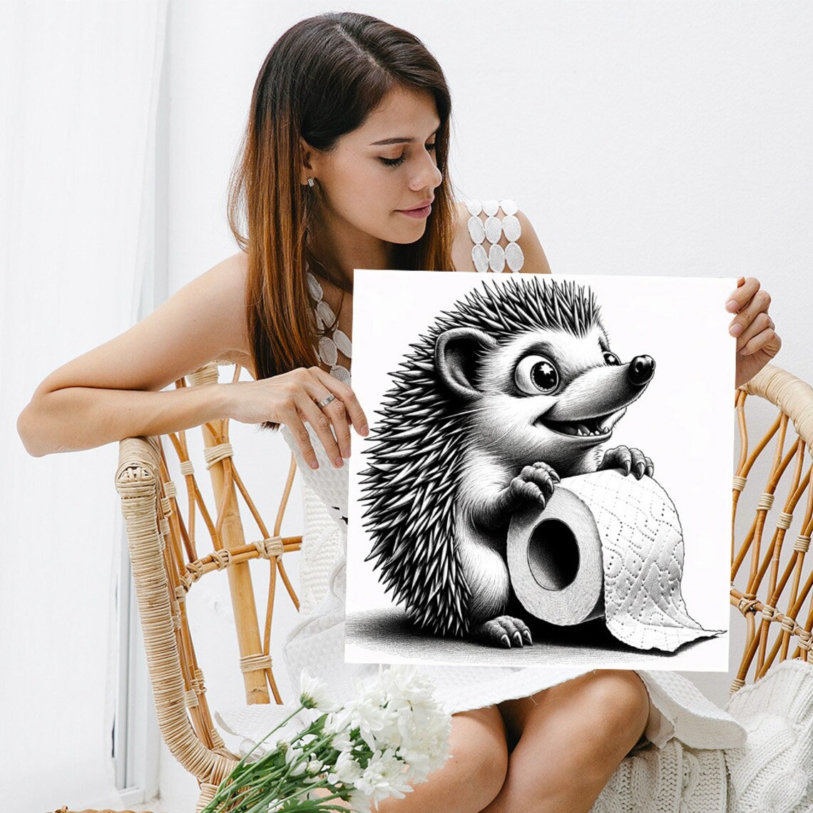 Adorable Hedgehog Holding A Toilet Paper Roll Black And White Cute Wall Poster - Image 5