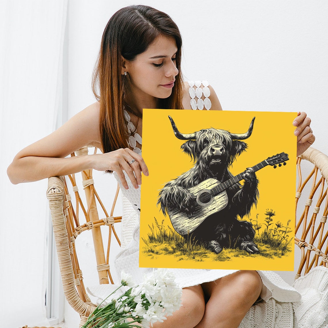 Highland Cow Playing Guitar Sketch Art Mustard Yellow Wall Poster - Image 3
