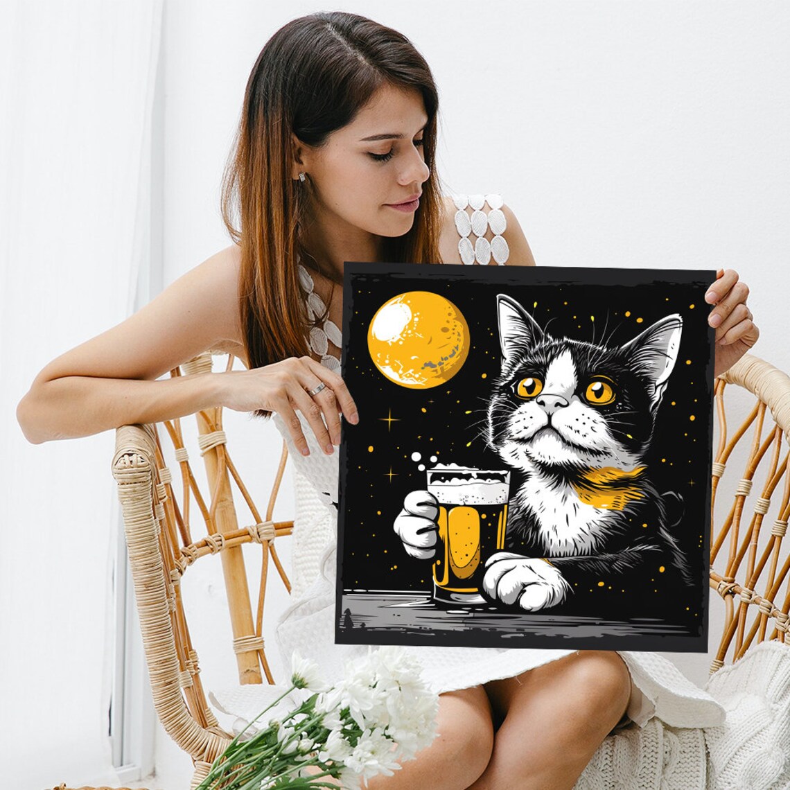 Cat Holding Beer Glass Full Moon Night Starry Pop Art Funny Poster - Image 3