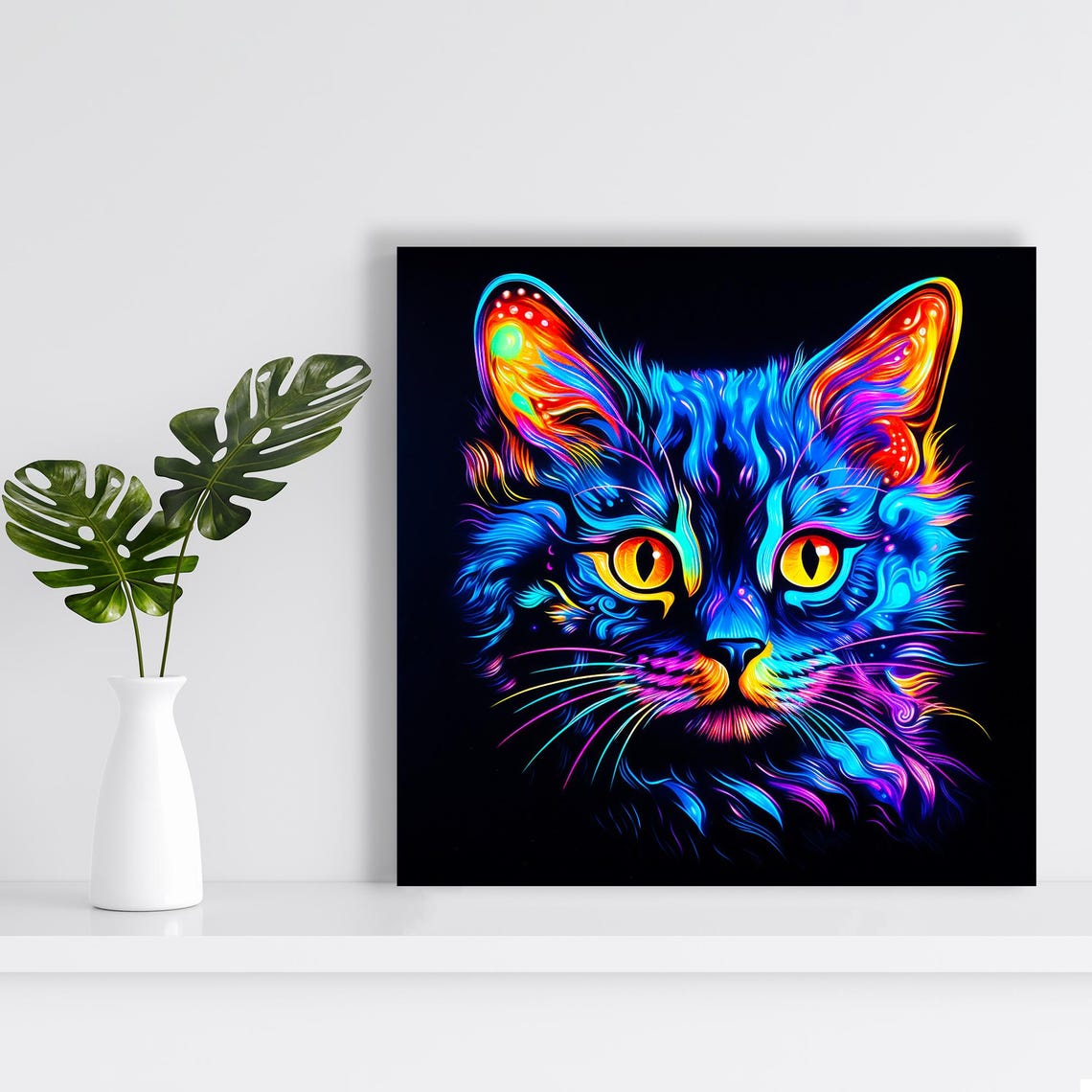 Neon Cosmic Cat Face Glowing Blue Pink Psychedelic Feline Wall Poster - Image 2
