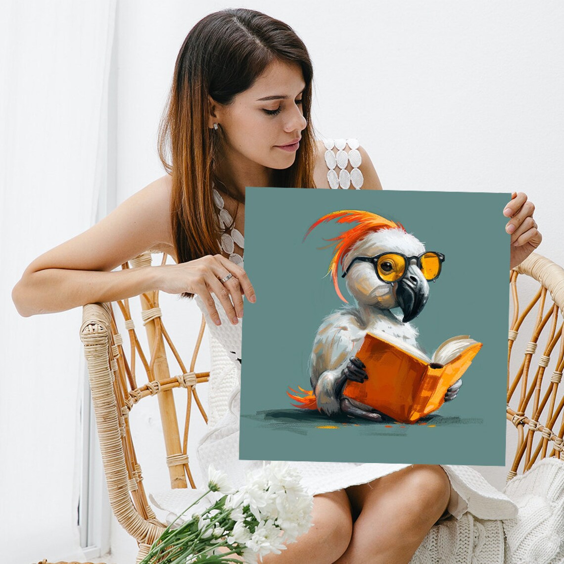 Cockatoo Reading Book Yellow Glasses Cute Whimsical Library Animal Poster - Image 3