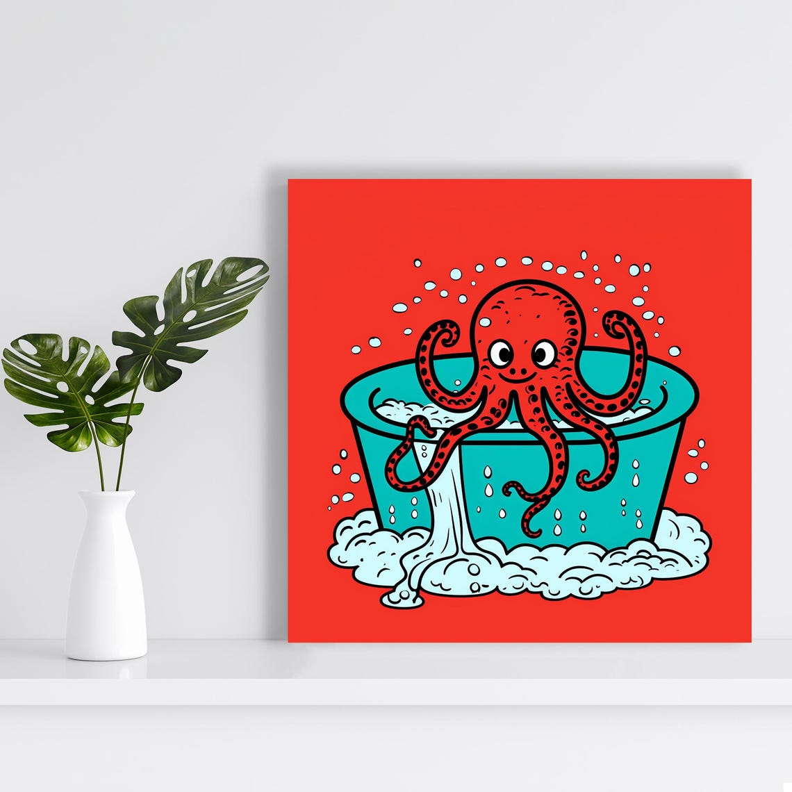 Cute Red Octopus Bubble Bath Cartoon Kids Bathroom Animal Art Poster - Image 2