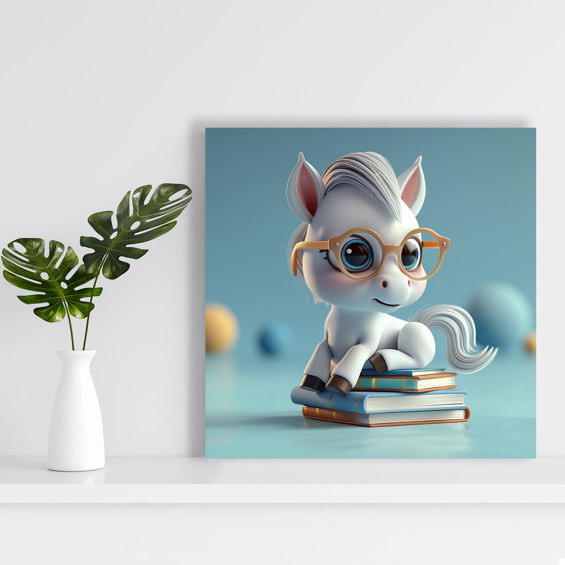 Cute Baby Unicorn With Glasses On Stack Of Books Whimsical Nursery Poster - Image 2