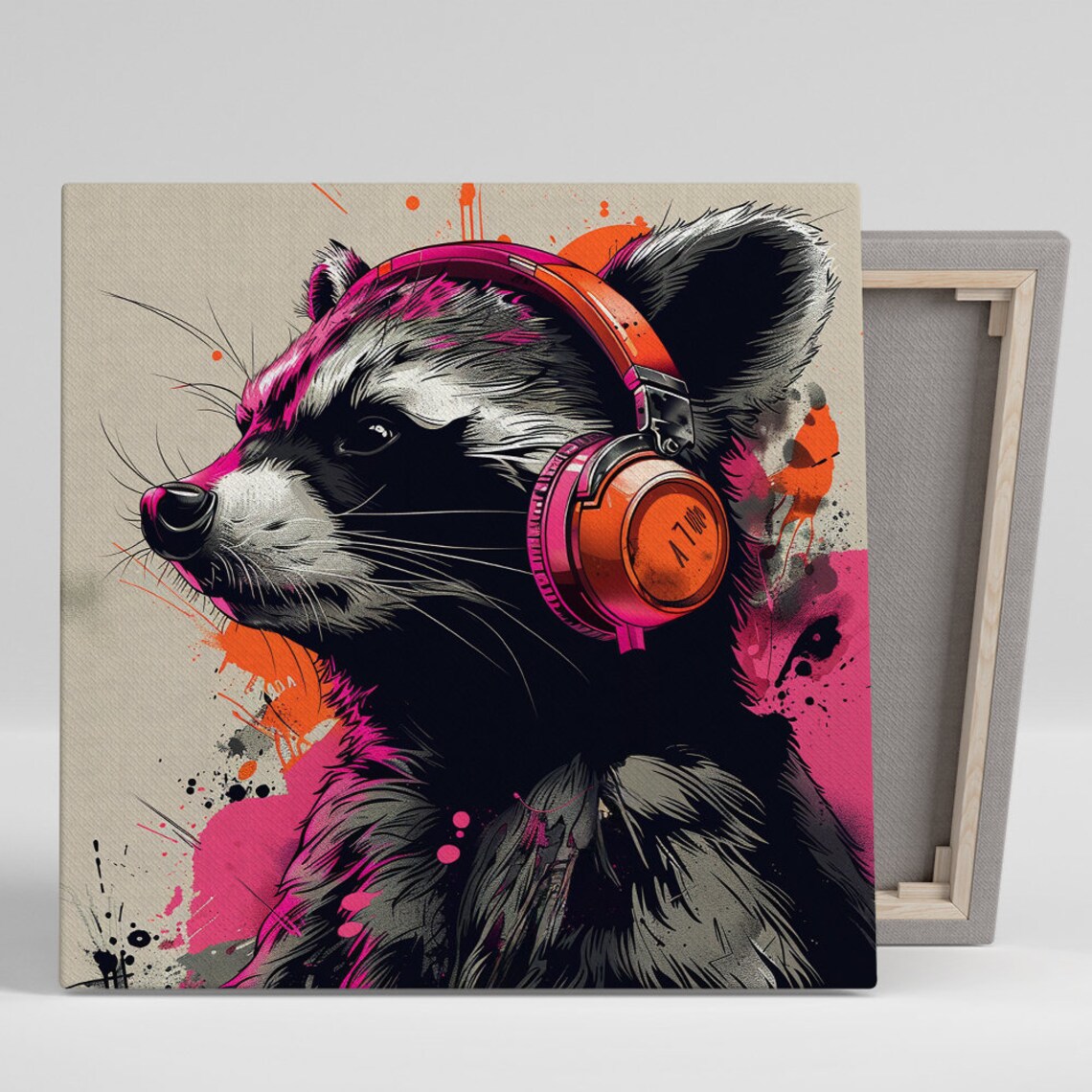 DJ Raccoon With Headphones Neon Graffiti Splash Street Art Poster