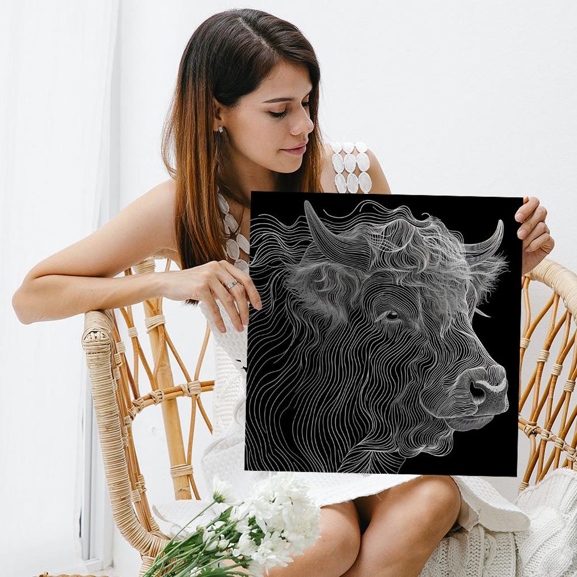 Highland Cow Flowing White Line Art Portrait Black Background Poster - Image 3