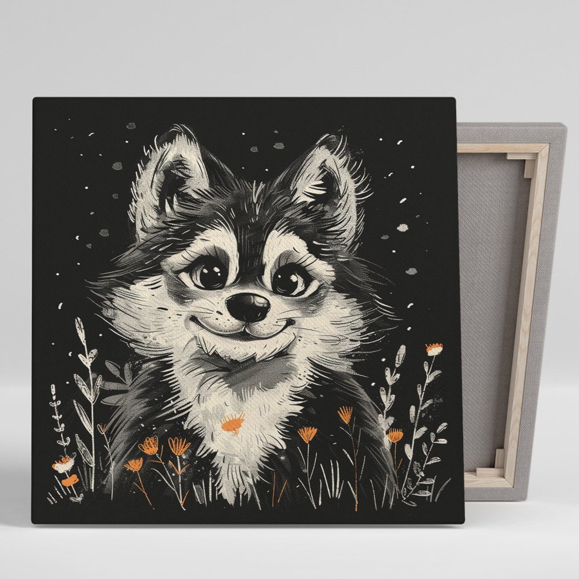 Cute Fox Pup Among Wildflowers Black Background Sketch Art Poster