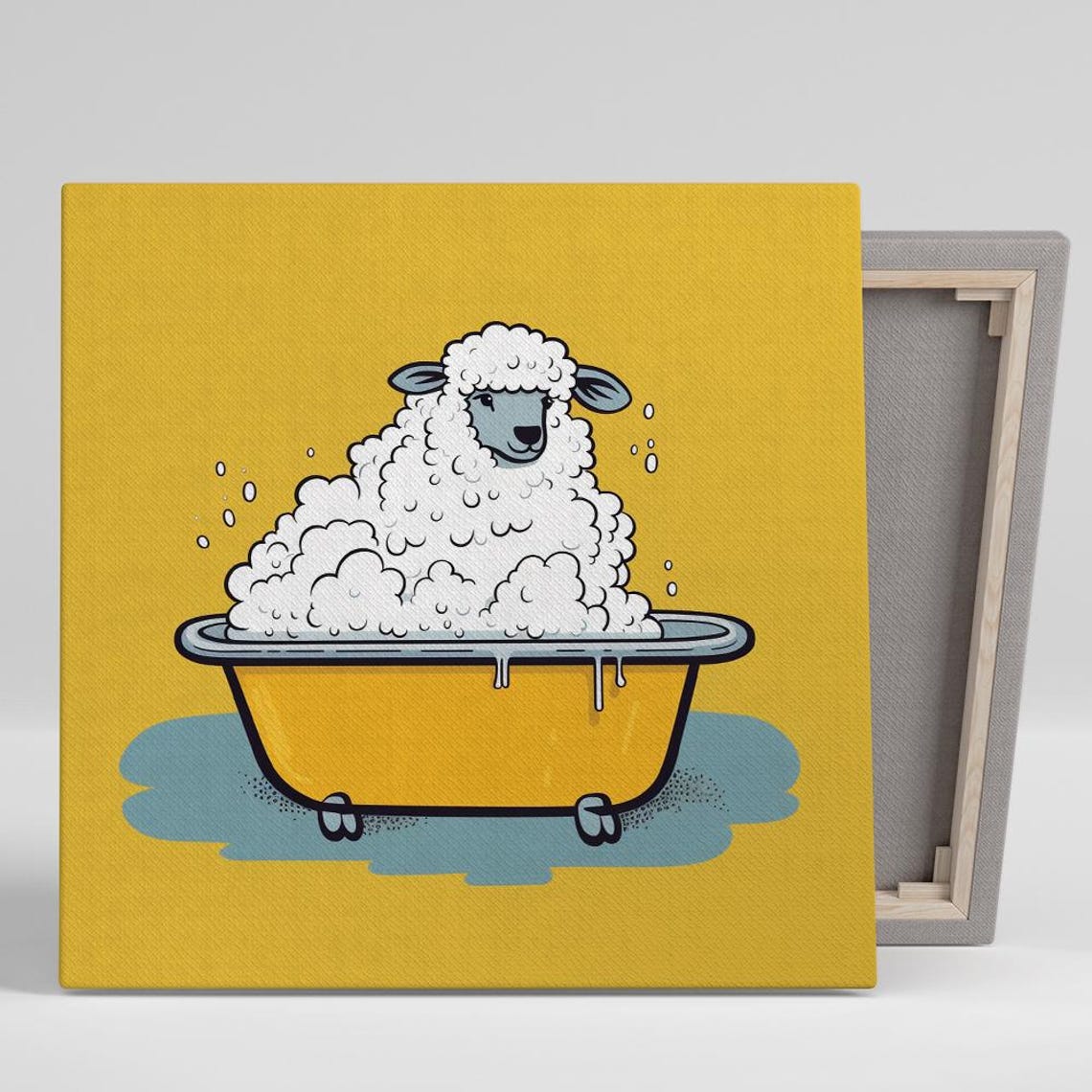 Sheep In Bubble Bath Cartoon Yellow Bathroom Whimsical Wall Poster
