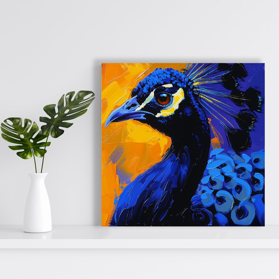 Vibrant Peacock Head Portrait Royal Blue Gold Dramatic Art Poster - Image 2