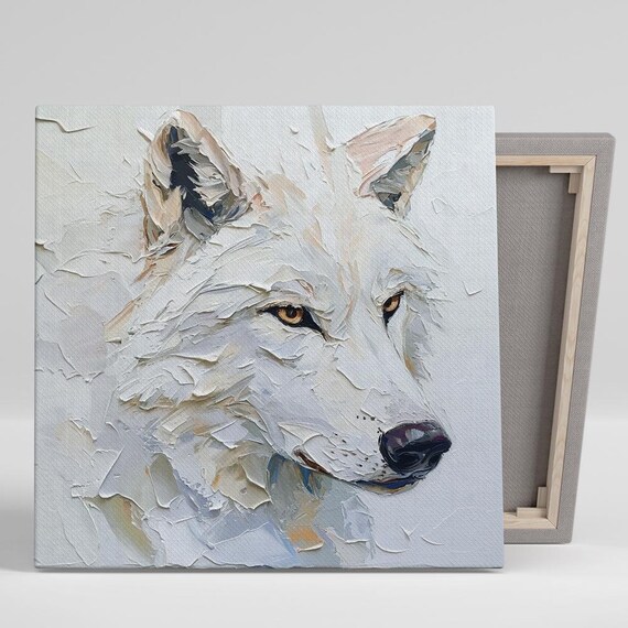 White Wolf Impasto Oil Painting Minimalist Elegant Wildlife Art Poster